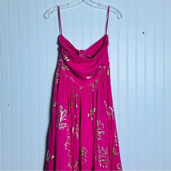 Free People Baja Babe Midi Dress Hot Pink Combo Metallic Gold XL Floral Cotton - Picture 6 of 14